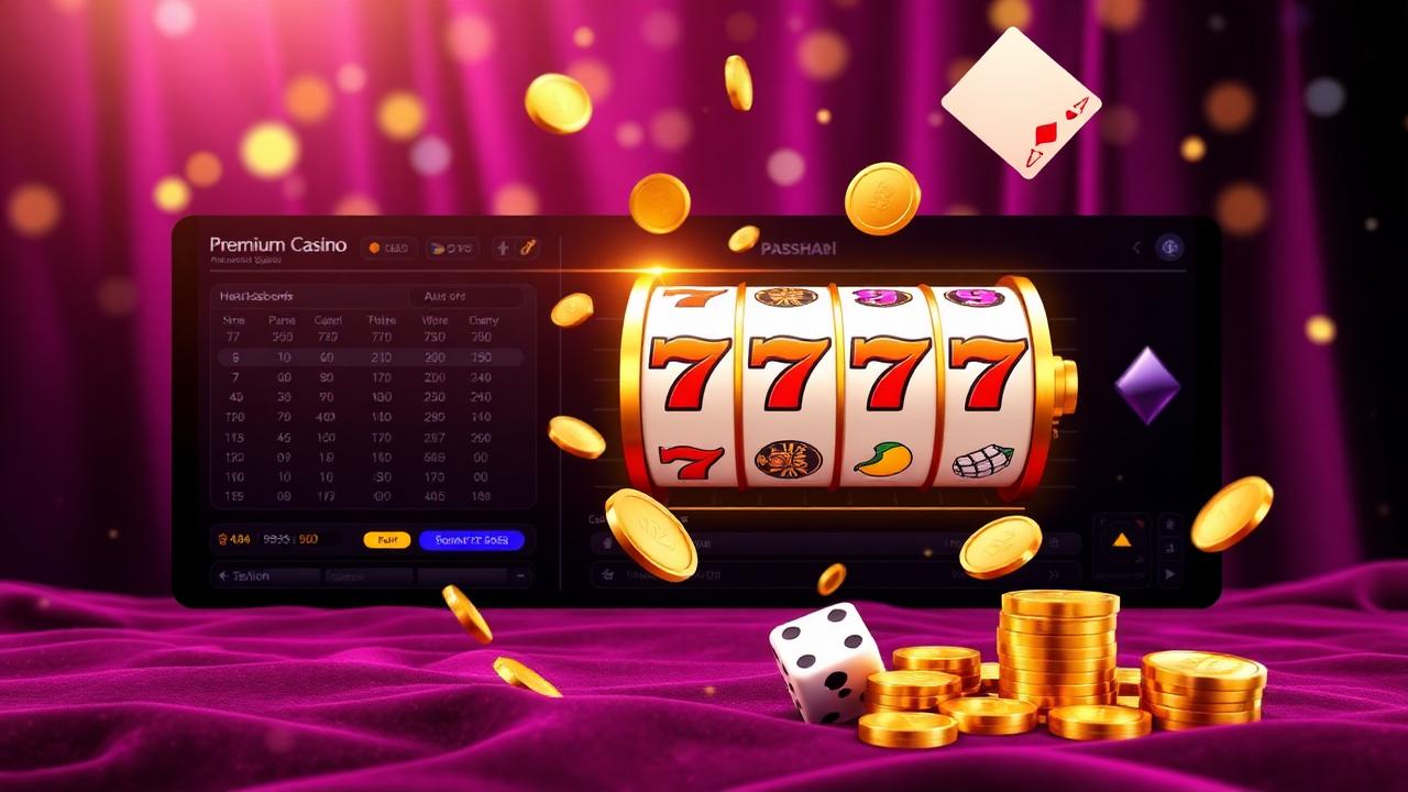 Abstract casino dashboard met slot reels, kaarten en munten