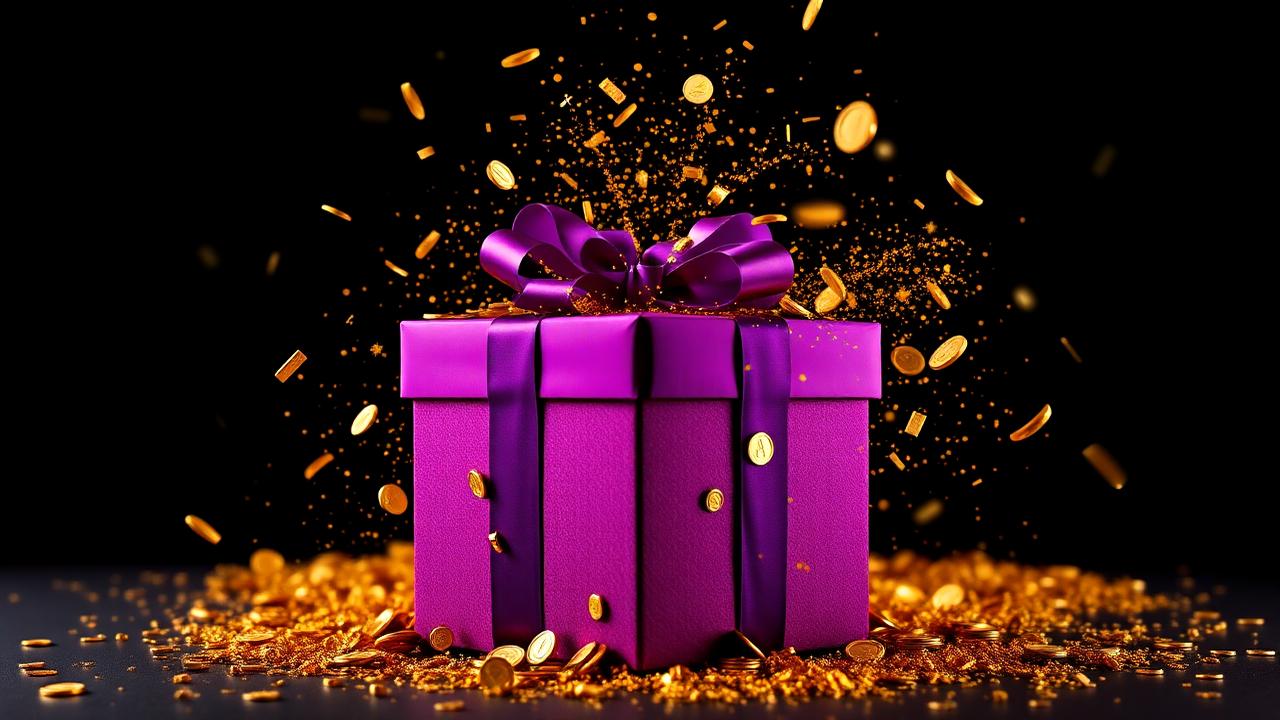 Paarse cadeaubox met goudkleurig confetti en munten