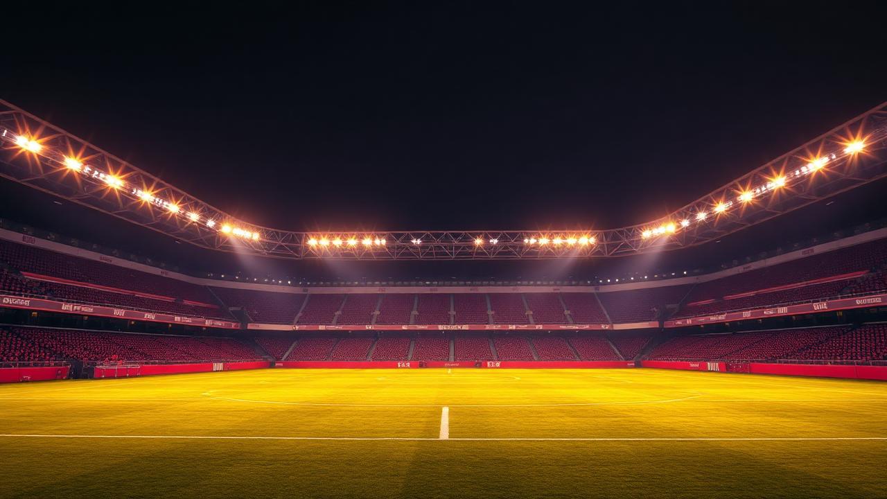 Verlicht voetbalstadion bij avond met goudkleurig veldlicht